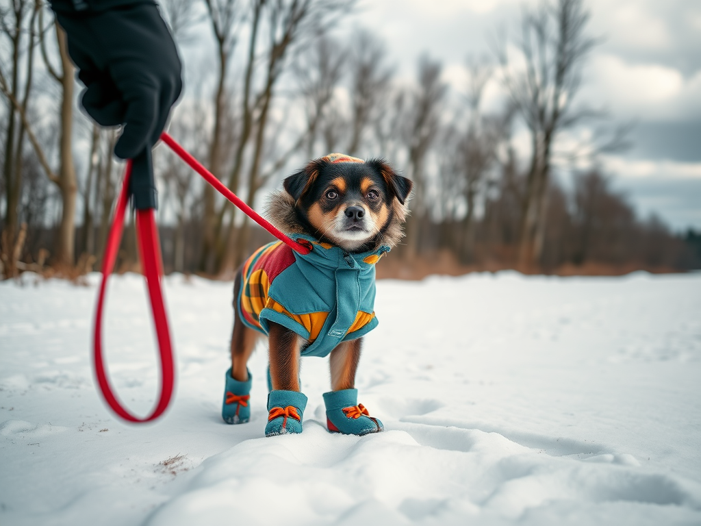 Create a realistic image of a small dog wearing a warm, colorful winter coat and booties, standing on snow-covered ground with a leash attached, held by a gloved hand visible in the frame, against a backdrop of bare trees and a cloudy winter sky.