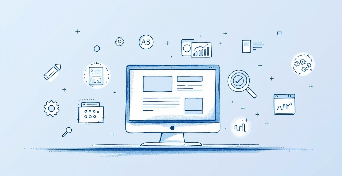 Minimalistic sketch of landing page optimization process with monitor and testing icons.