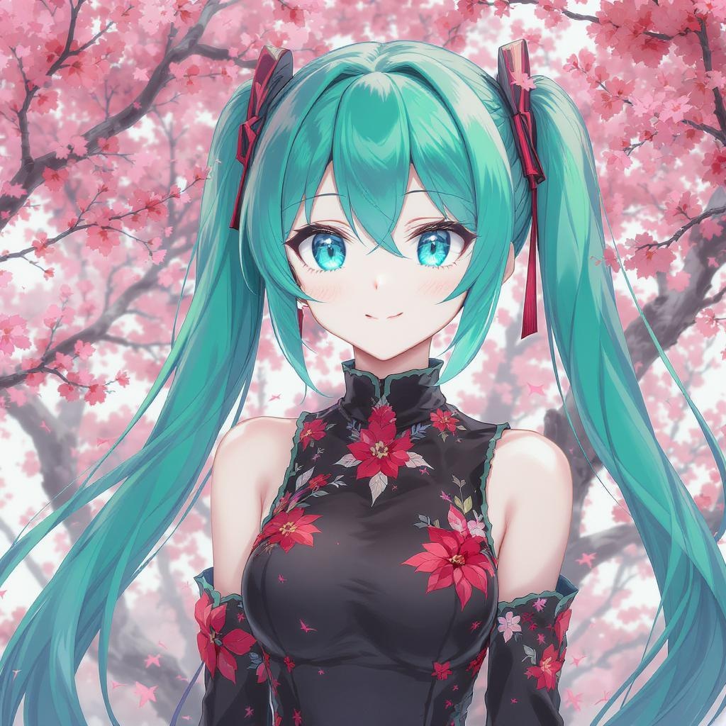 Anime style portrait of a teal haired girl with long twin tails and bright aqua eyes, wearing a sleek black high collar dress, crowned with vivid red and black flowers, standing calmly amid slender branches dotted with matching red blossoms, soft diffused daylight background, rich color depth, crisp line work, ultra detailed 8K illustration









