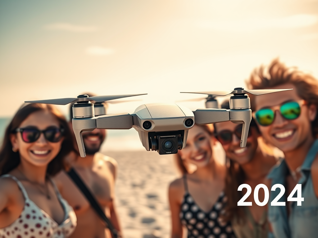 Create a realistic image of a sleek, modern selfie drone hovering in mid-air against a backdrop of a sunny beach, with its camera lens focused on a group of diverse young adults taking a selfie. The drone should feature tracking sensors and a compact, foldable design. Display "2024" subtly in the corner of the frame to emphasize the latest technology.