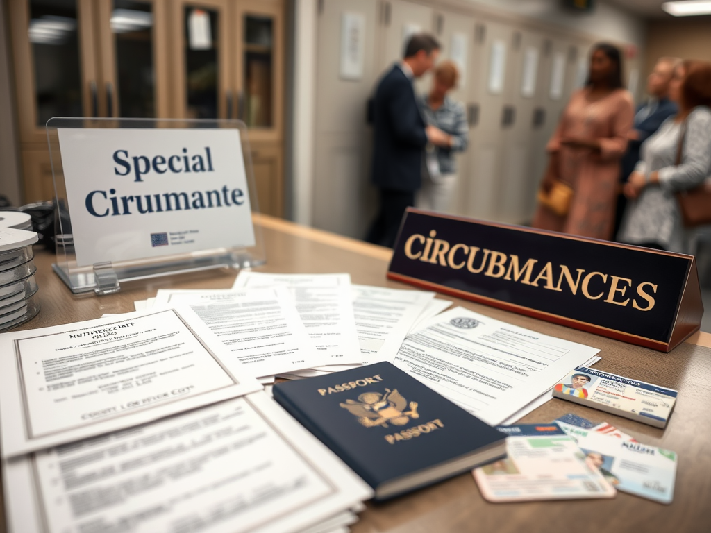 Create a realistic image of a passport office desk with various special documents spread out, including a naturalization certificate, adoption papers, court orders, and military ID cards. A sign on the desk reads "Special Circumstances" in bold letters. The background shows blurred office cabinets and other applicants waiting in line.