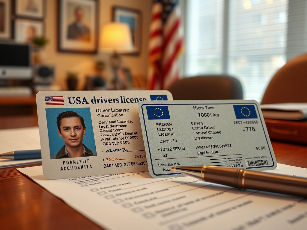 Create a realistic image of a close-up view of a USA driver's license next to a foreign driver's license, with a checklist of requirements and a pen on a desk, an American flag in the background, and warm office lighting illuminating the scene.