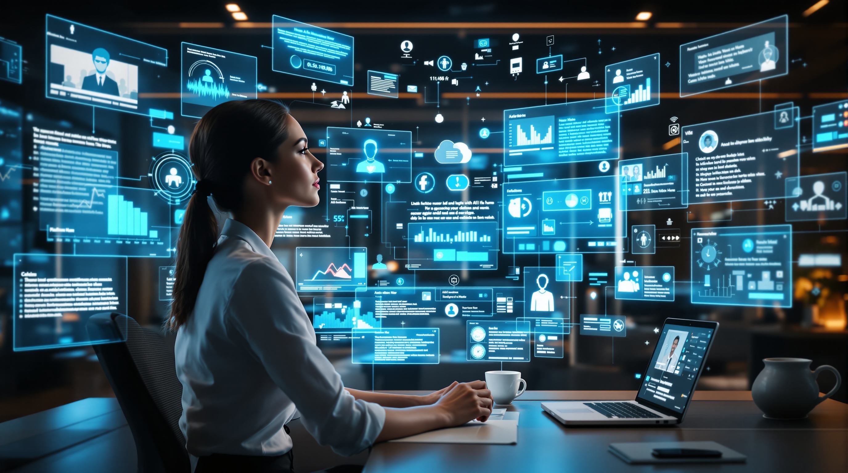 Visionary illustration of the future of AI assistants in 2026 showing multimodal capabilities, proactive intelligence, and ecosystem integration