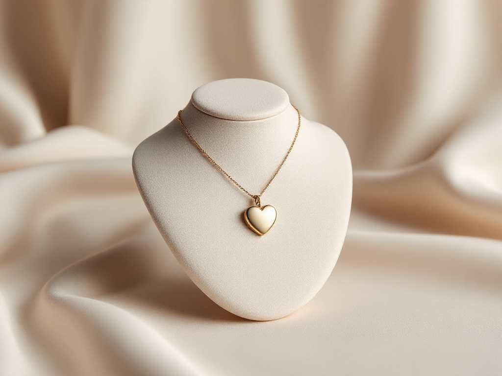 A photorealistic shot capturing a simple silver locket necklace with a heart-shaped pendant, displayed on a plain velvet jewelry stand