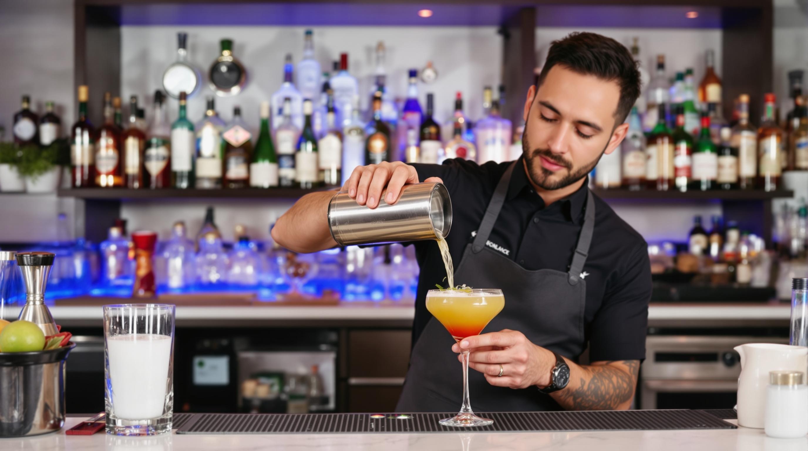 Bartender Pouring a Cocktail A bartender expertly pouring a cocktail behind a clean and organized bar area.