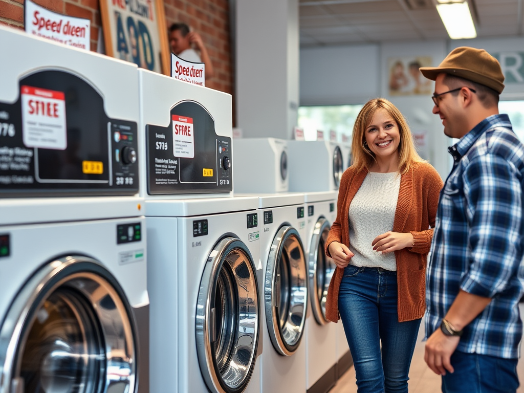 Create a realistic image of a modern laundromat interior with several Speed Queen washing machines in a row, price tags prominently displayed on each machine, and a satisfied customer examining the features of one of the washers, conveying a sense of quality and value.