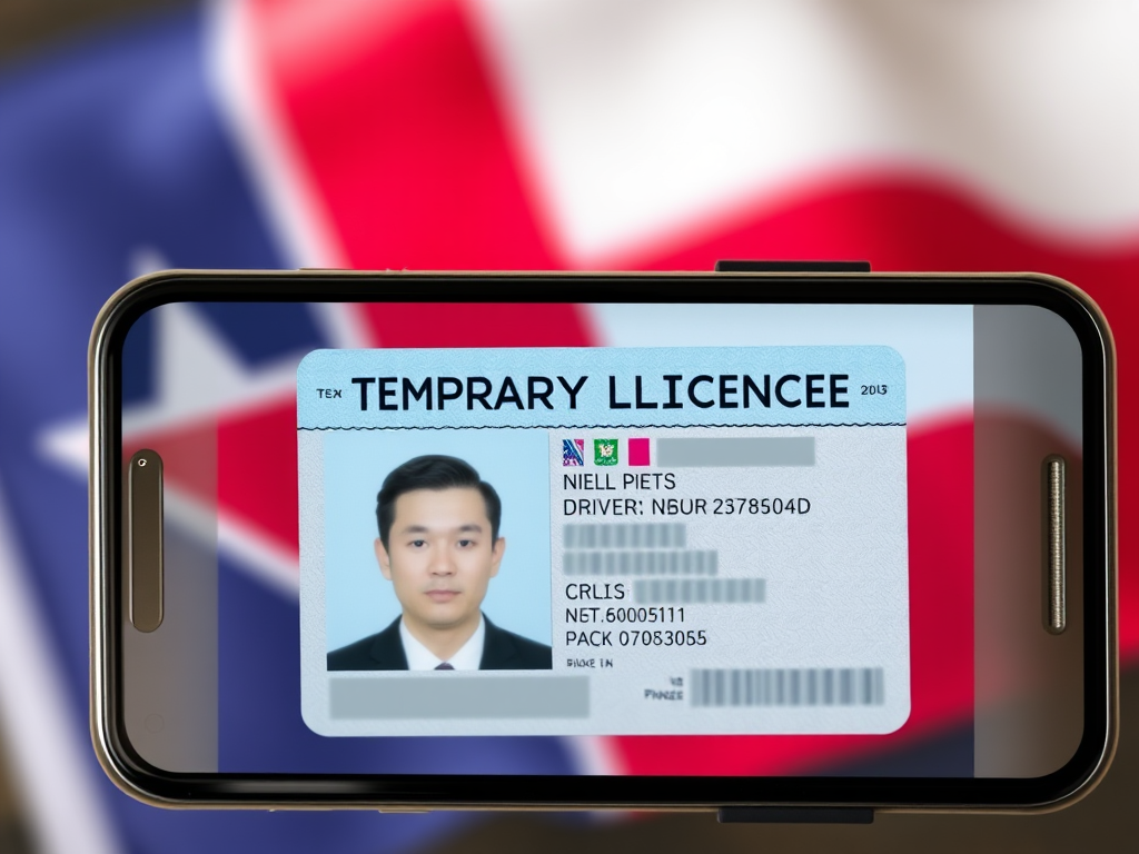 Create a realistic image of a smartphone screen displaying a digital temporary Texas driver's license, with a Texas state flag watermark in the background, the license holder's photo blurred for privacy, and clear text showing "Temporary License" at the top.