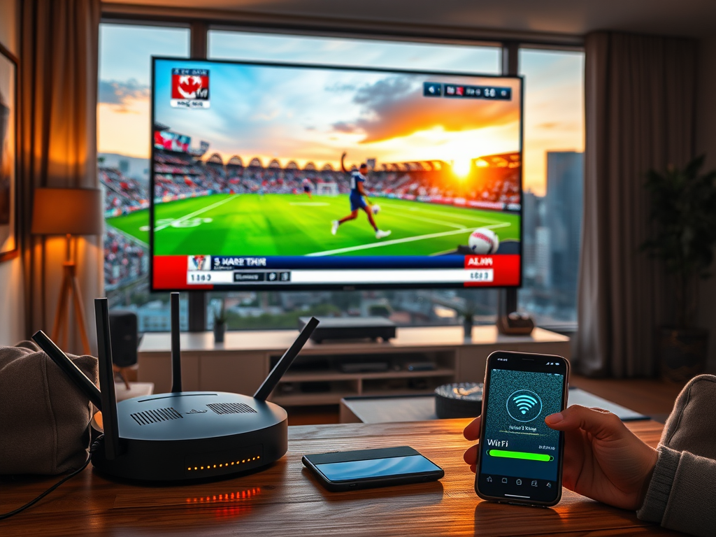 Create a realistic image of a modern living room with a large TV screen displaying a crisp, high-quality sports broadcast, a Wi-Fi router with blinking lights nearby, and a smartphone showing a buffering icon, all set against a backdrop of a Canadian cityscape visible through a window, with warm, ambient lighting to convey a cozy atmosphere.