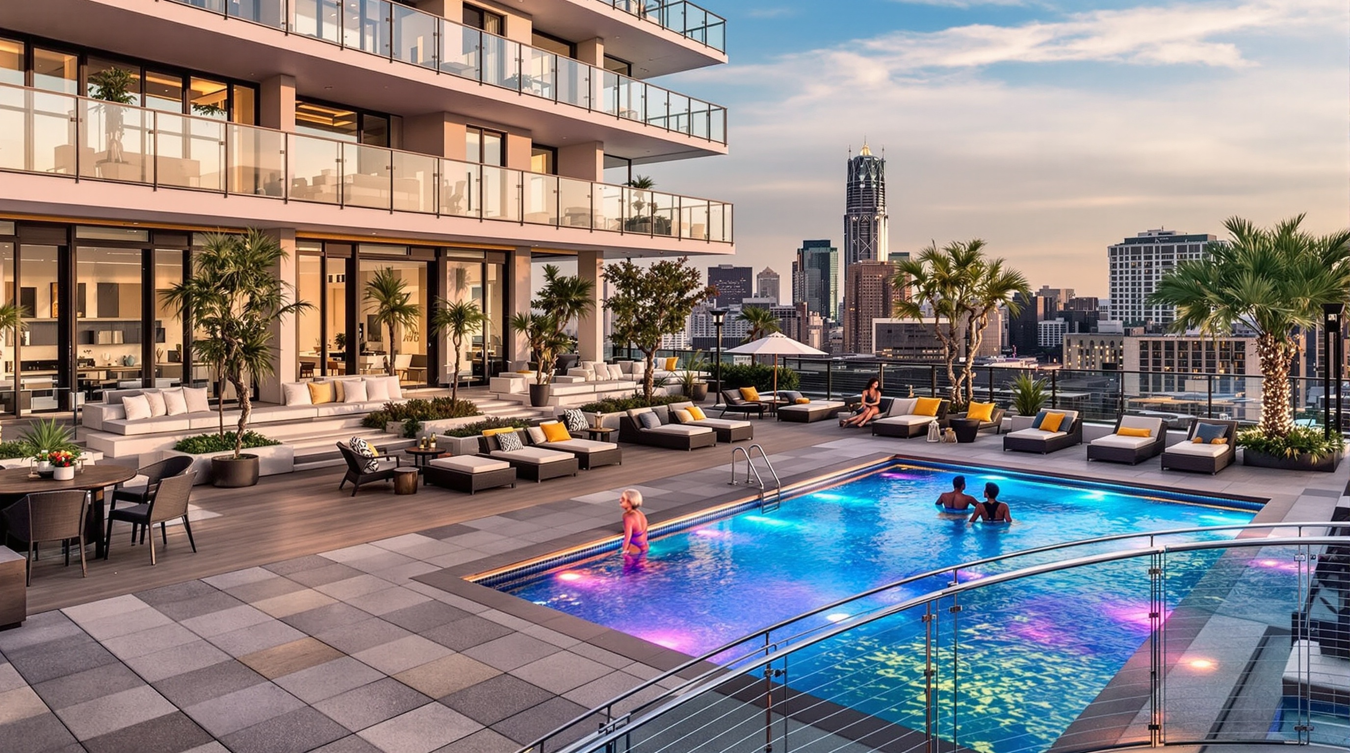 Vibrant, multi-level pool deck at E11EVEN with private cabanas and city views