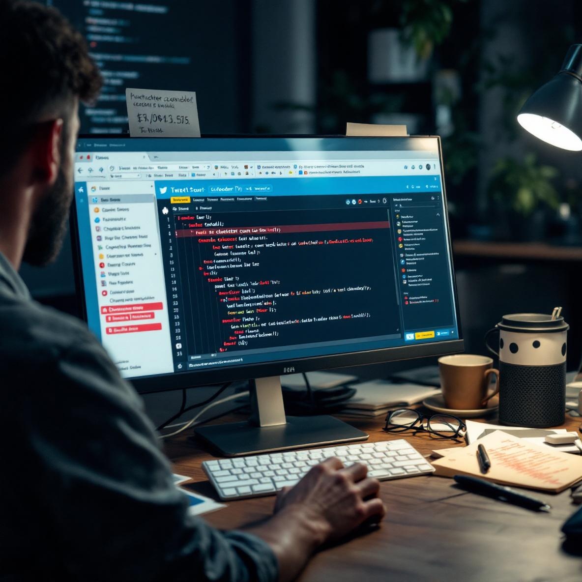 An image of a computer screen showing a tweet scheduling interface with character counts marked in red, while a user appears concerned at their messy desk filled with notes.