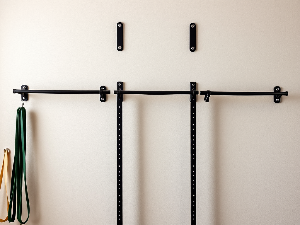 Create a realistic image of a home gym wall with three different wall-mounted pull-up bar models installed side by side, showcasing their varying designs and features. The wall should have a clean, neutral-colored finish. Include a few exercise accessories like resistance bands hanging nearby to emphasize the fitness context. Soft, natural lighting should illuminate the scene, highlighting the durability and quality of the pull-up bars.