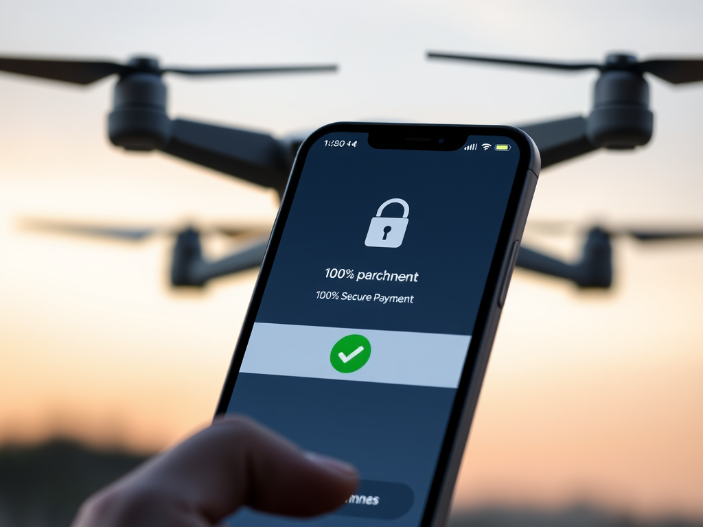 Create a realistic image of a smartphone screen displaying a secure payment interface for a drone purchase, with a lock icon and "100% Secure Payment" text visible, a faded drone silhouette in the background, and a green checkmark indicating successful transaction completion.