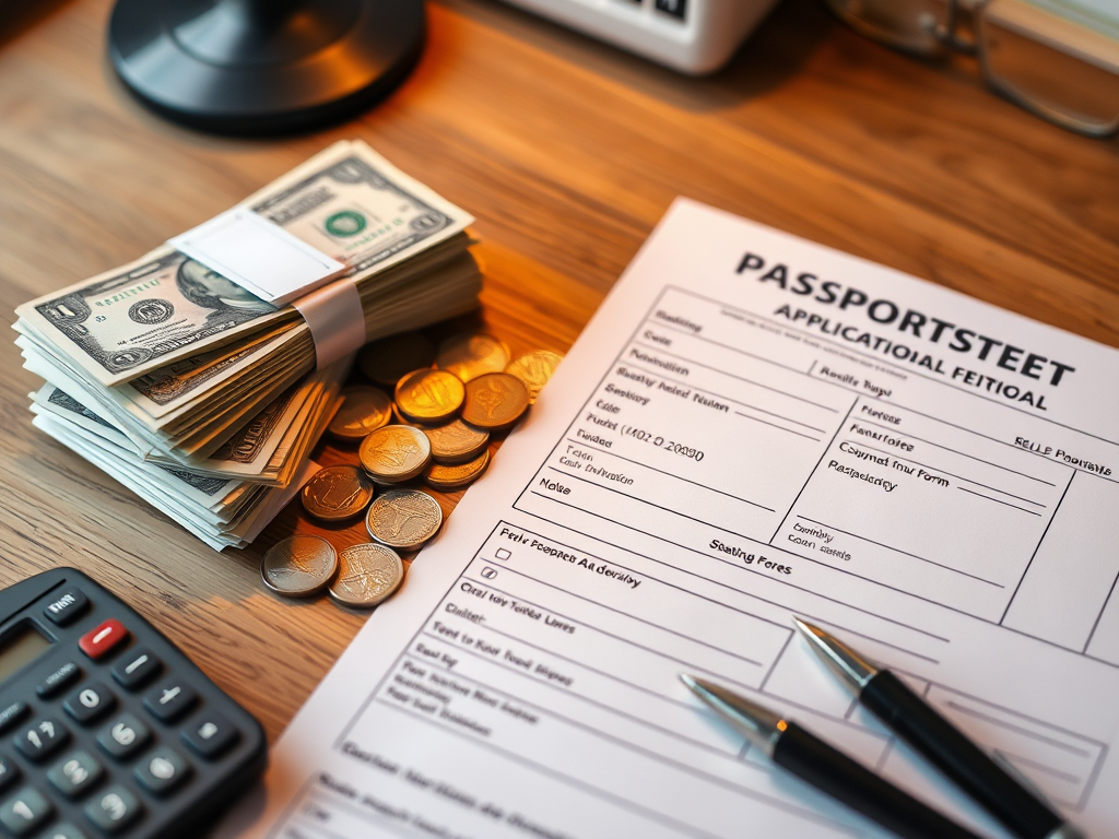 Create a realistic image of a stack of dollar bills and coins next to an open passport application form on a wooden desk, with a calculator and pen nearby, suggesting financial preparation for passport fees, under warm indoor lighting.