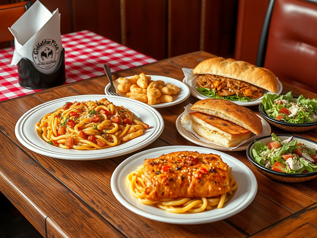 Create a realistic image of a restaurant table with a variety of non-pizza menu items including a plate of pasta, garlic breadsticks, a chicken sandwich, and a side salad, arranged on a rustic wooden table with a red and white checkered tablecloth, with a partially visible Godfather Pizza logo on a napkin holder in the background.