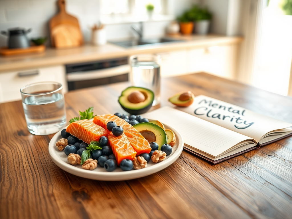 Create a realistic image of a wooden table with a plate of colorful brain-boosting foods like salmon, blueberries, avocado, and walnuts, alongside a glass of water and an open notebook with "Mental Clarity" written on it, set against a bright, clean kitchen background with natural light streaming in from a window.