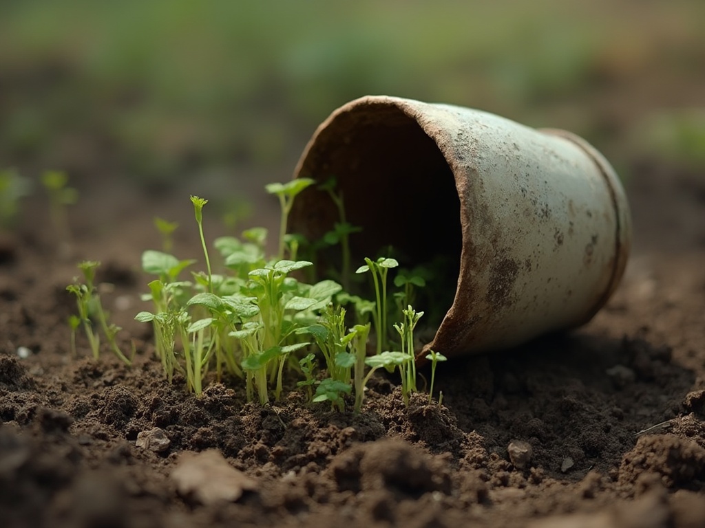 empty cup tipped to pour onto some saplings no water