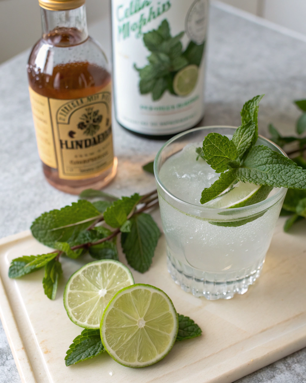 Elderflower Mojito Mocktail ingredients laid out on clean white counter