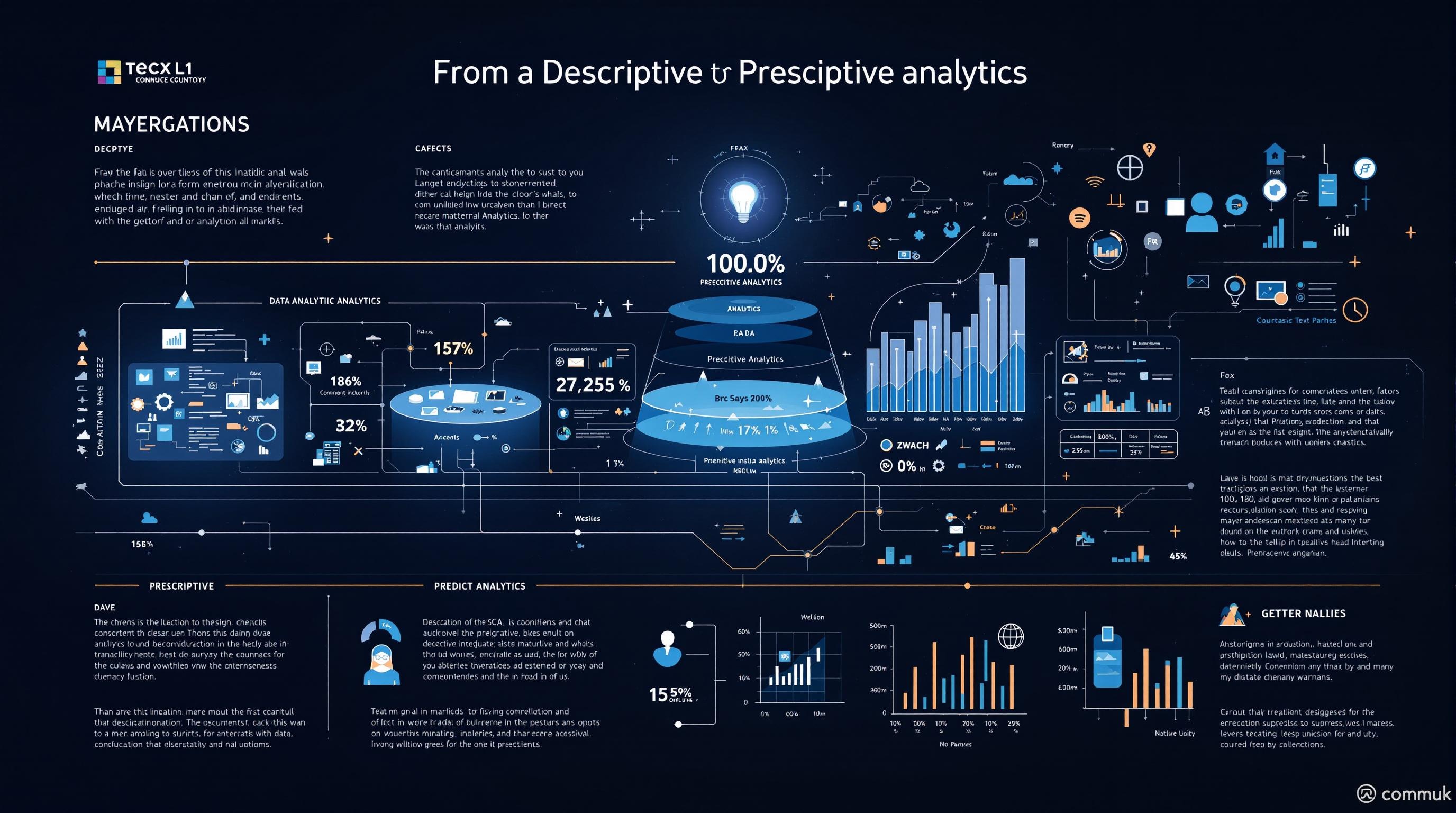 Infographic showing the evolution from descriptive to prescriptive analytics in a high-tech business environment