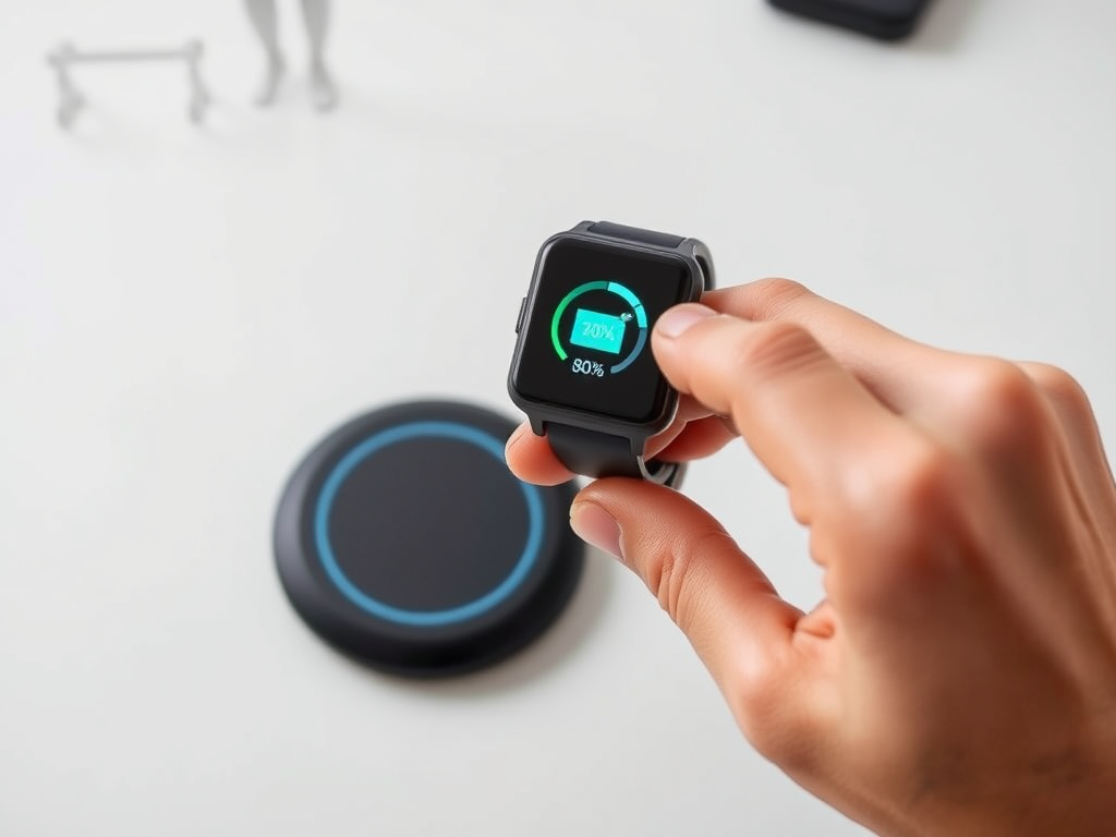 Create a realistic image of a hand holding a sleek, modern fitness tracker with its screen displaying a prominent battery icon at 80% charge, next to a wireless charging pad emitting a soft glow, set against a clean, minimalist background with subtle fitness equipment silhouettes, emphasizing the device's long battery life and convenient charging features.