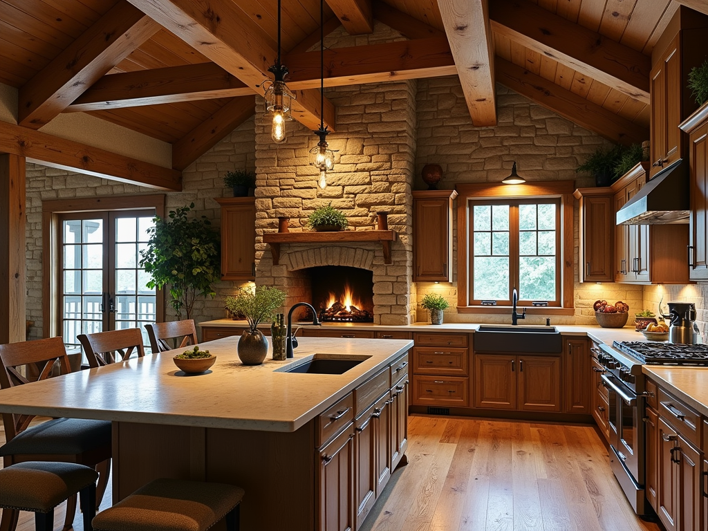 Charming Rustic Cabin Kitchen with Cozy Stone Fireplace