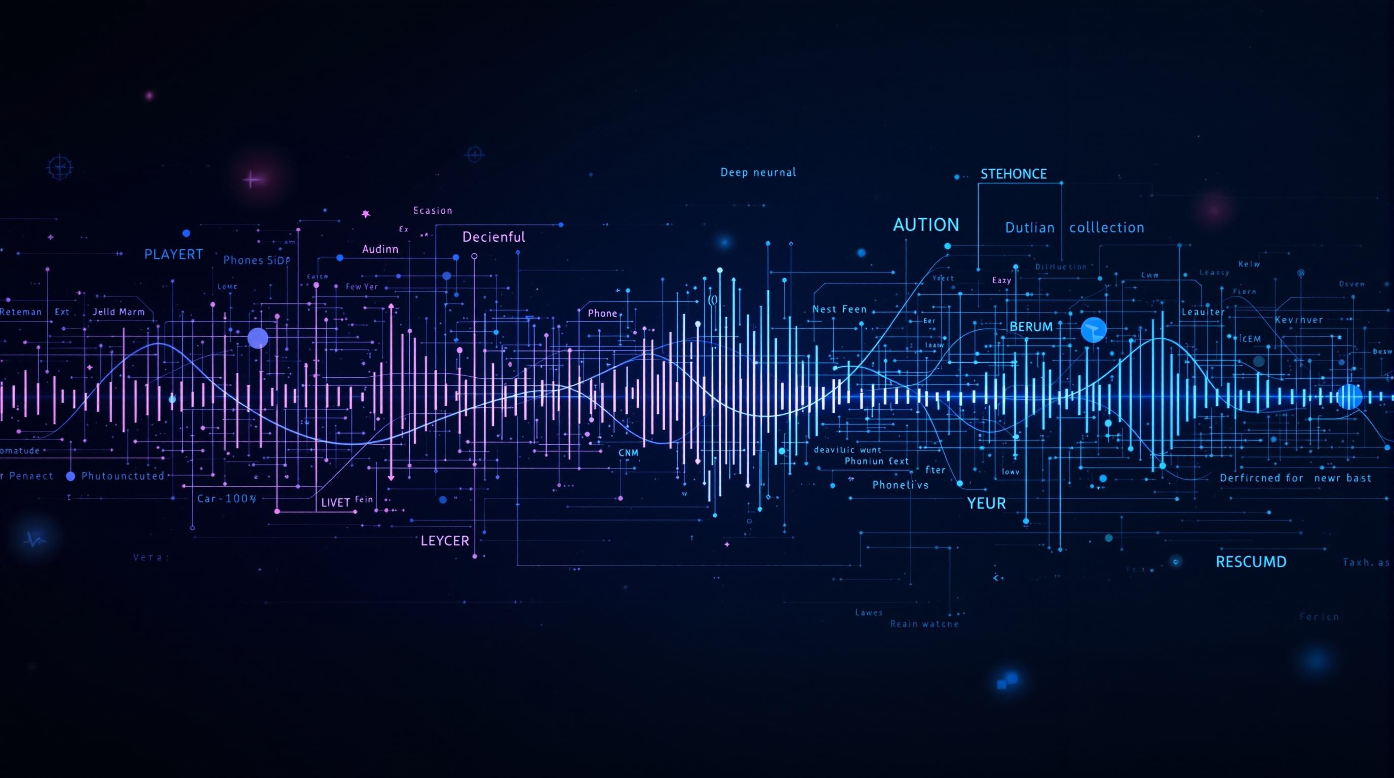 Modern, conceptual illustration of deep neural networks processing audio waveforms into text, showing layered neural network structures, sound waves, and abstract phoneme elements, sleek and professional style, clean technology background, 16:9 aspect ratio