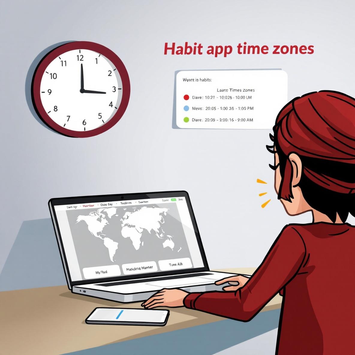 A person looking overwhelmed at a desk cluttered with devices, attempting to adjust their habit tracking app to different time zones, symbolizing the struggles of maintaining a consistent routine internationally.