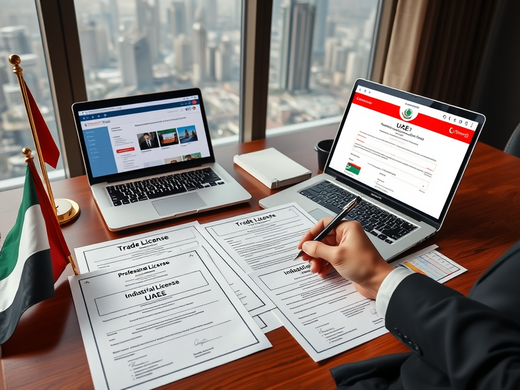 Create a realistic image of a desk with various UAE business license documents spread out, including trade license, professional license, and industrial license papers, alongside a UAE flag, an open laptop displaying the UAE government website, and a businessman's hand holding a pen, ready to sign, with Dubai's skyline visible through an office window in the background.