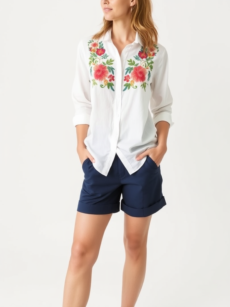 Woman in preppy embroidered shirt outfit