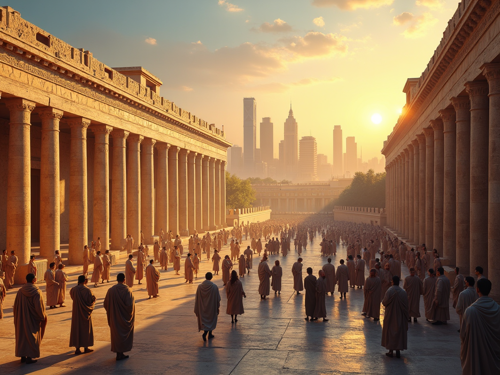 Imagine a grand, panoramic view of the ancient Library of Alexandria, standing majestically at the heart of a bustling cityscape. The library, depicted in its pristine condition, radiates with the warm glow of sunset, casting long shadows over the scholars and philosophers roaming its periphery. The architecture is a blend of Hellenistic and Egyptian styles, featuring towering columns, intricate carvings, and expansive scrolls displayed prominently. The foreground shows a diverse group of scholars—men and women from different cultures, dressed in period-specific attire, engaged in animated discussions or deeply absorbed in scrolls and texts. The background contrasts the vibrant life of the library with a speculative modern skyline, suggesting a blend of what was and what could have been, had the library survived. This skyline integrates elements of Renaissance and Industrial Revolution architecture, symbolizing the accelerated cultural and scientific advancements. The image is rich in detail and color, with a palette of deep blues and golds reflecting both the intellectual depth and the golden era of knowledge. The style is a fusion of classical realism and digital modernism, creating a bridge between the past and the speculative future. This cover image should evoke a sense of wonder, nostalgia, and speculative curiosity, inviting viewers to explore the profound impact of the Library of Alexandria on our world.