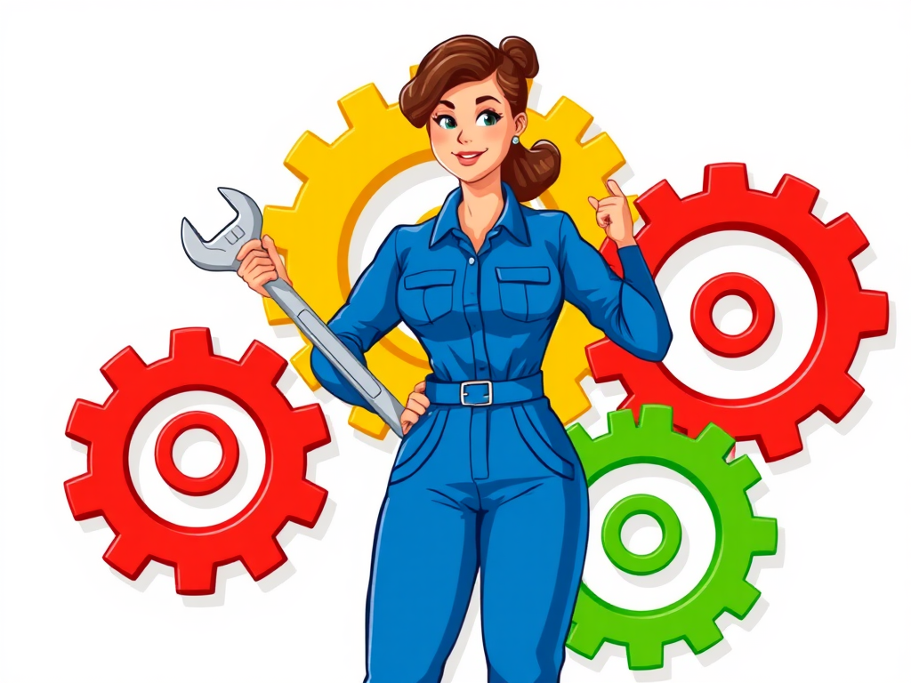 clipart image of a woman holding spanner next to 3 interlocking gears 