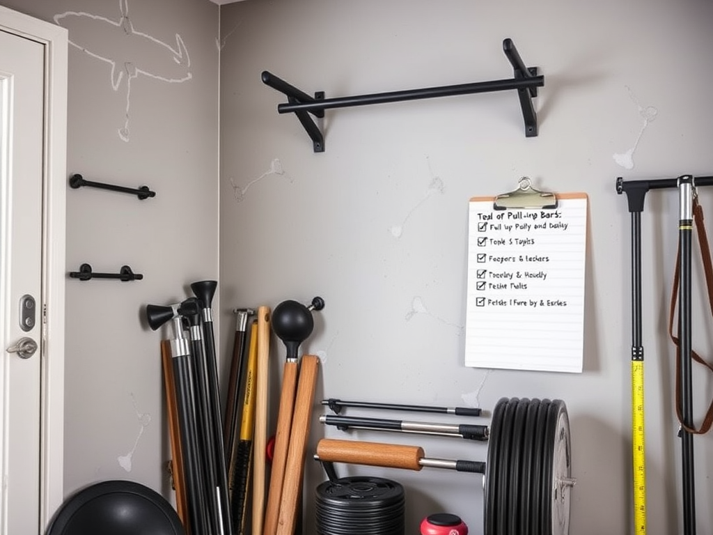 Create a realistic image of a home gym corner with a sturdy wall-mounted pull-up bar installed, surrounded by various pull-up bar options in different sizes and materials, a measuring tape, and a notepad with a checklist visible, suggesting factors to consider when choosing a wall-mounted pull-up bar.