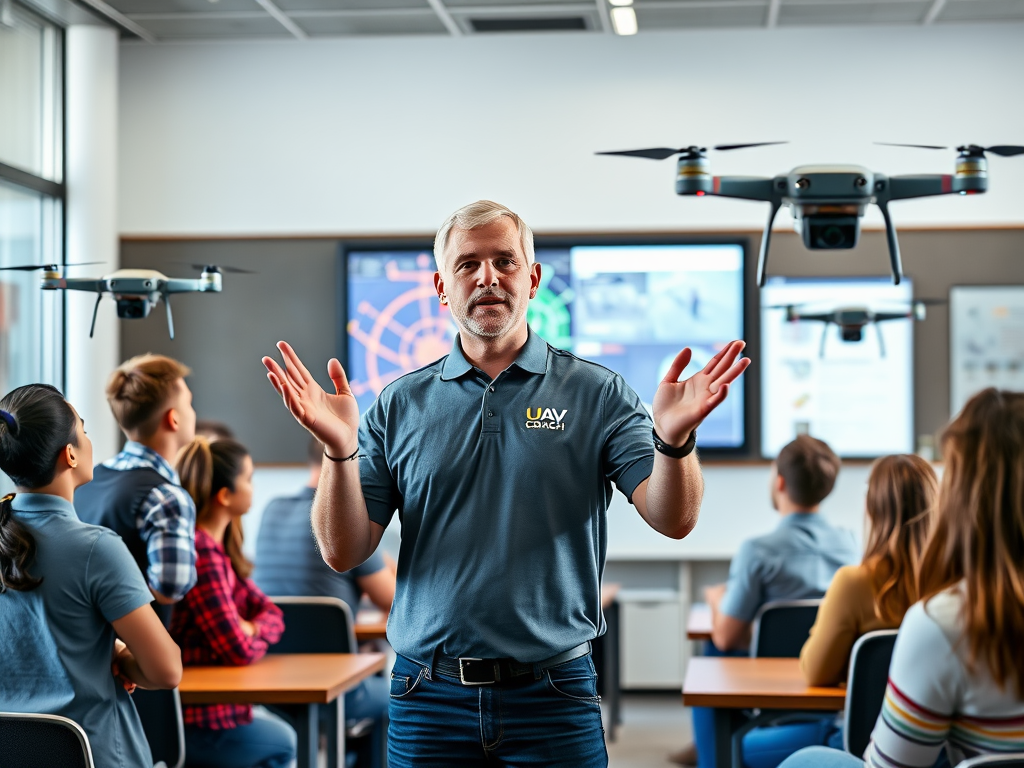 Create a realistic image of a professional-looking white male instructor wearing a UAV Coach branded polo shirt, standing in front of a group of diverse students, gesturing towards a large screen displaying drone flight patterns and tracking features, with several high-tech selfie drones hovering in the background of a modern classroom setting.