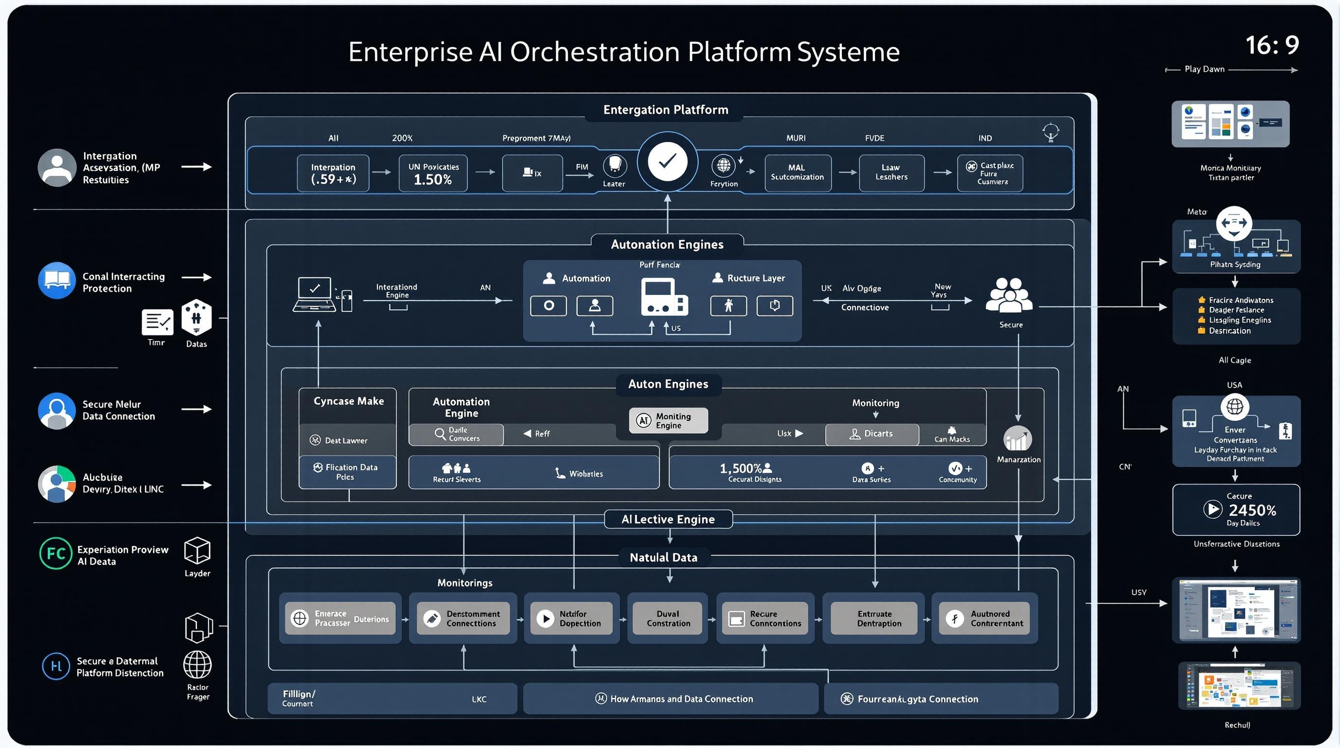 Futuristic conceptual illustration of AI-powered orchestration optimizing workflows across cloud, edge, and hybrid environments, with dynamic data pathways, low-code interfaces, and interconnected digital systems, sophisticated and clean, 16:9 aspect ratio