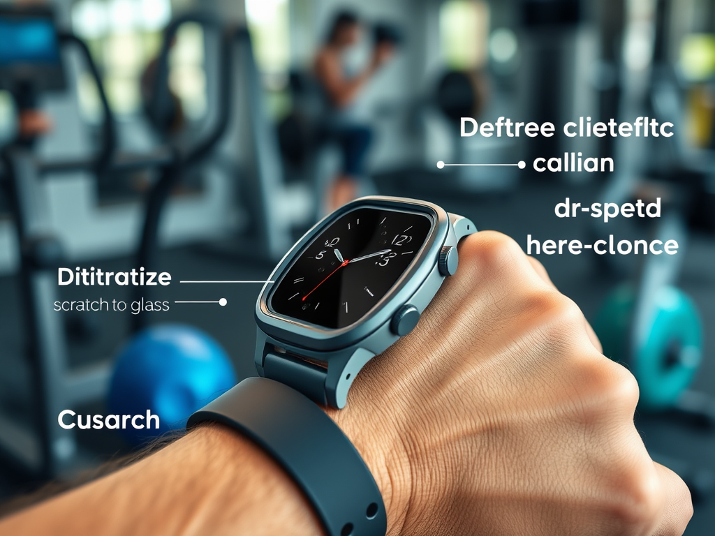 Create a realistic image of a close-up view of a fitness tracker on a wrist, showing its durable build with water droplets on the screen, a rugged protective case, and scratch-resistant glass, set against a blurred background of exercise equipment in a gym.