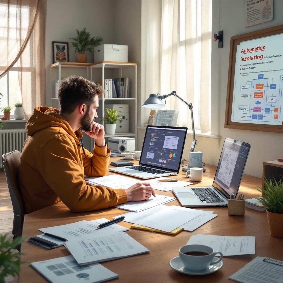 A person in a bright office examining multiple screens that display staging environments for automation processes, showcasing a focus on secure and organized workspace management.
