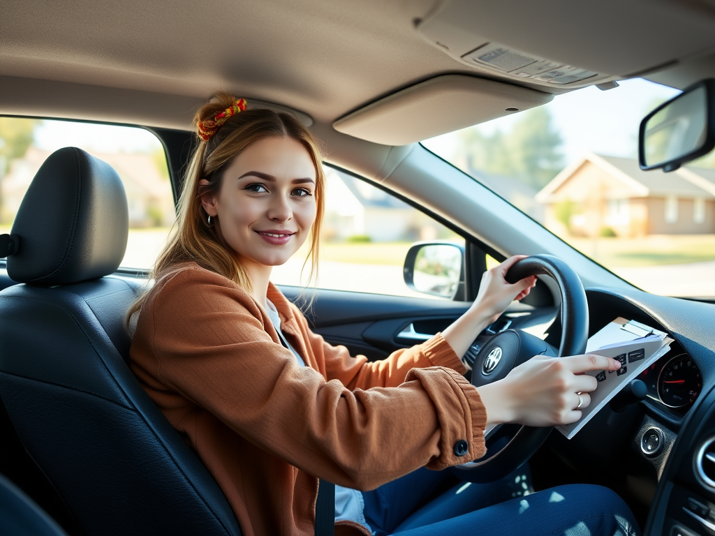 Create a realistic image of a young white female driver sitting confidently behind the steering wheel of a car, hands at 10 and 2 position, with a driving instructor's clipboard visible in the passenger seat, parked in a suburban neighborhood with houses and trees in the background, bright daylight, dashboard visible with speedometer at 0 mph.