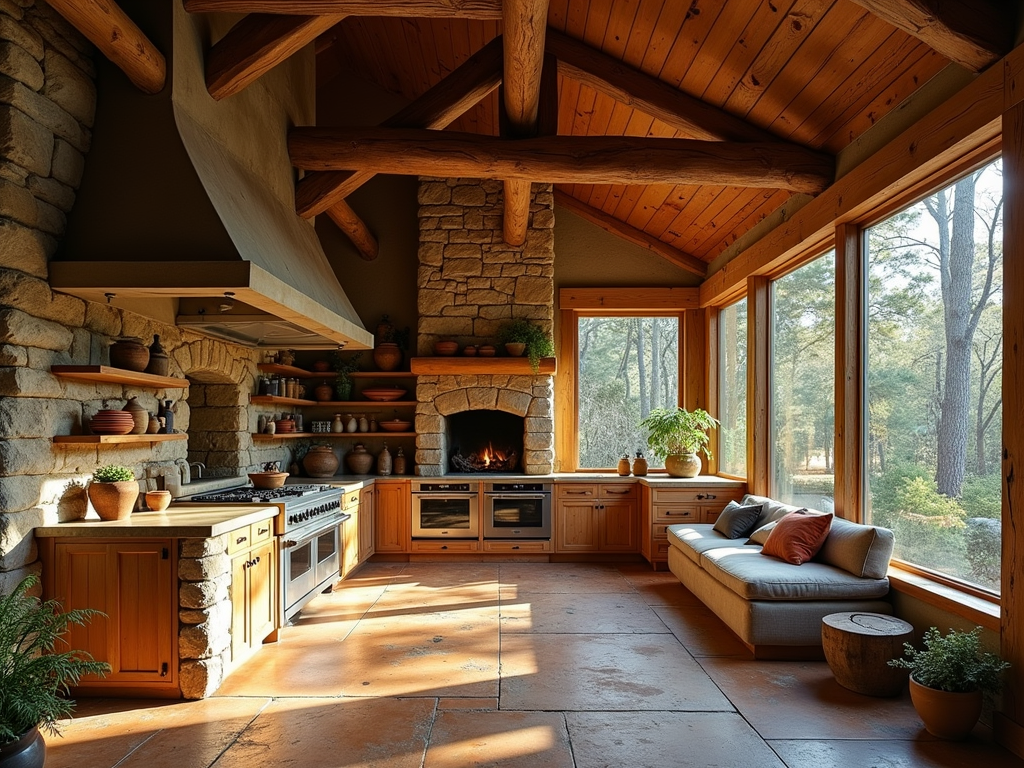 Charming Rustic Cabin Kitchen with Stone Fireplace