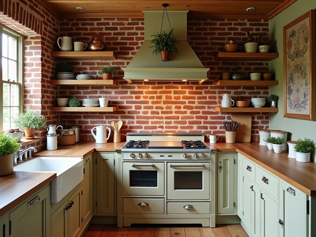 Charming Country Kitchen with Budget-Friendly Red Brick Style