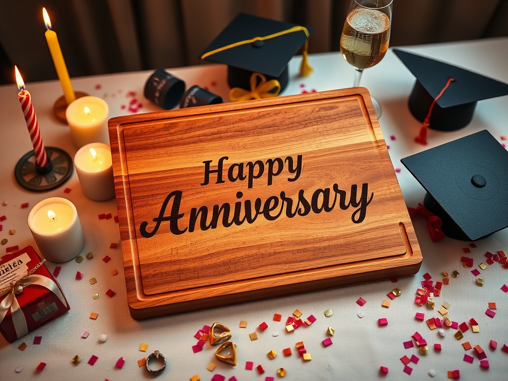 Create a realistic image of a personalized wooden cutting board with "Happy Anniversary" engraved on it, surrounded by various celebratory items like birthday candles, wedding rings, graduation caps, and champagne glasses, arranged on a festive tablecloth with confetti scattered around, warm ambient lighting highlighting the board's rich wood grain texture.