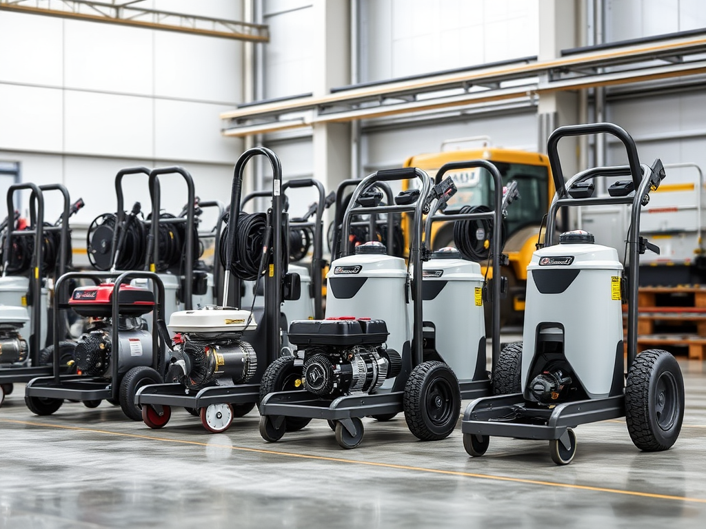 Create a realistic image of various pressure washer skids arranged in a row, showcasing different types such as hot water, cold water, and gas-powered models, with visible differences in size, shape, and features, set against a clean warehouse or industrial background with bright, even lighting to highlight details.