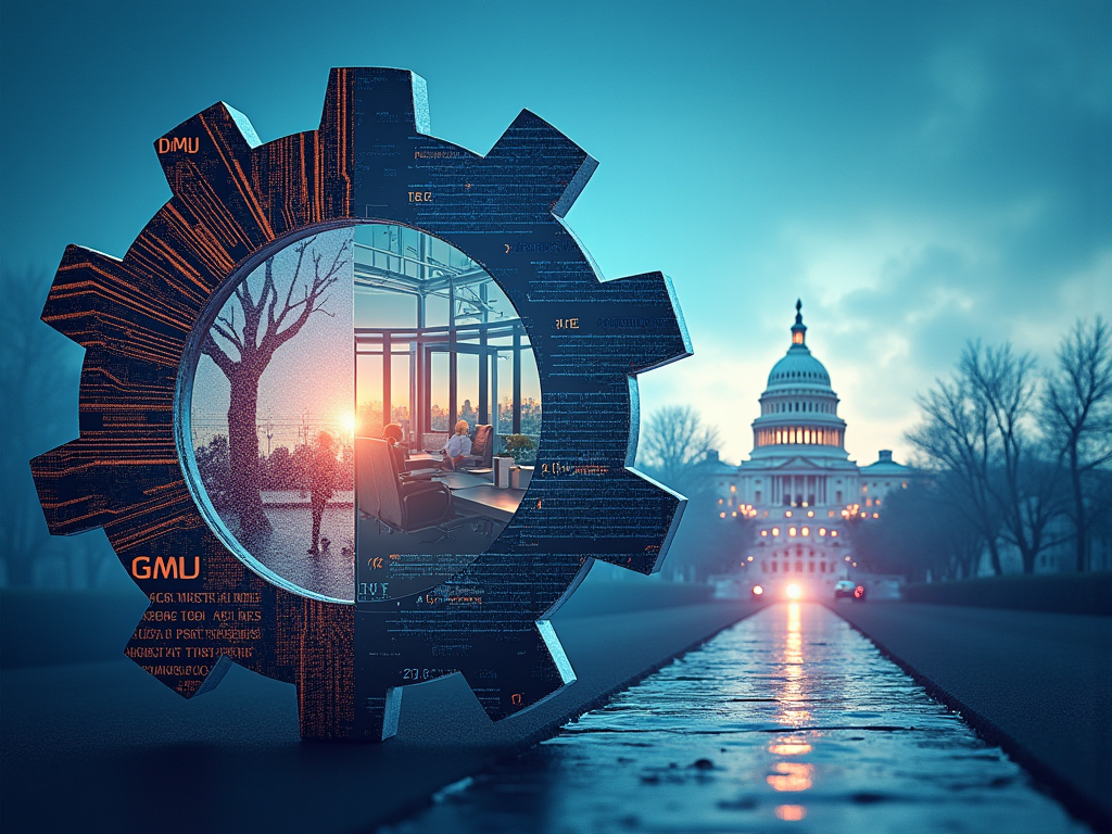 Imagine a dynamic and thought-provoking cover image for the paper 'How AI is Reshaping Work and Society: Insights from Social Science'. The central visual is a collage depicting various facets of AI influence in the workplace. On the left, a large, semi-transparent gear overlaid with digital circuit patterns represents the mechanization and algorithmic management in sectors like logistics and healthcare. This gear blends into a scene of a modern office space filled with workers interacting with advanced AI systems, shown through holographic interfaces and robotic assistants. In the center, a split image portrays contrasting impacts of AI: above, a vibrant cityscape with bustling tech hubs, symbolizing job creation and economic growth; below, a dimmer, more isolated view of a worker monitored by surveillance cameras, highlighting the privacy concerns and job quality issues. On the right, a depiction of the U.S. Capitol with diverging paths leading to it, representing the potential policy directions under different administrations, with symbols of a pro-union badge and a tech innovation emblem on each path. The background fades from a digital blue on the left to a deep governmental gray on the right, symbolizing the transition from technological to political realms. The image is rendered in a digital painting style, providing a sleek, modern look with a focus on blues and grays to convey a futuristic yet serious tone.