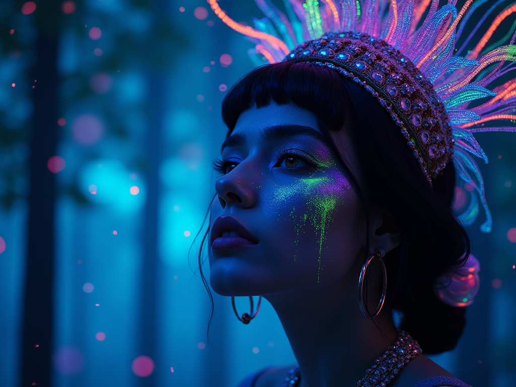 portrait | wide angle shot of eyes off to one side of frame, lucid dream-like woman, looking off in distance ::8 style | daydreampunk with glowing skin and eyes, styled in headdress, beautiful, she is dripping in neon lights, very colorful blue, green, purple, bioluminescent, glowing ::8 background | forest, vivid neon wonderland, particles, blue, green, purple ::7 parameters | rule of thirds, golden ratio, assymetric composition, hyper- maximalist, octane render, photorealism, cinematic realism, unreal engine, 8k ::7 --ar 16:9 --s 1000