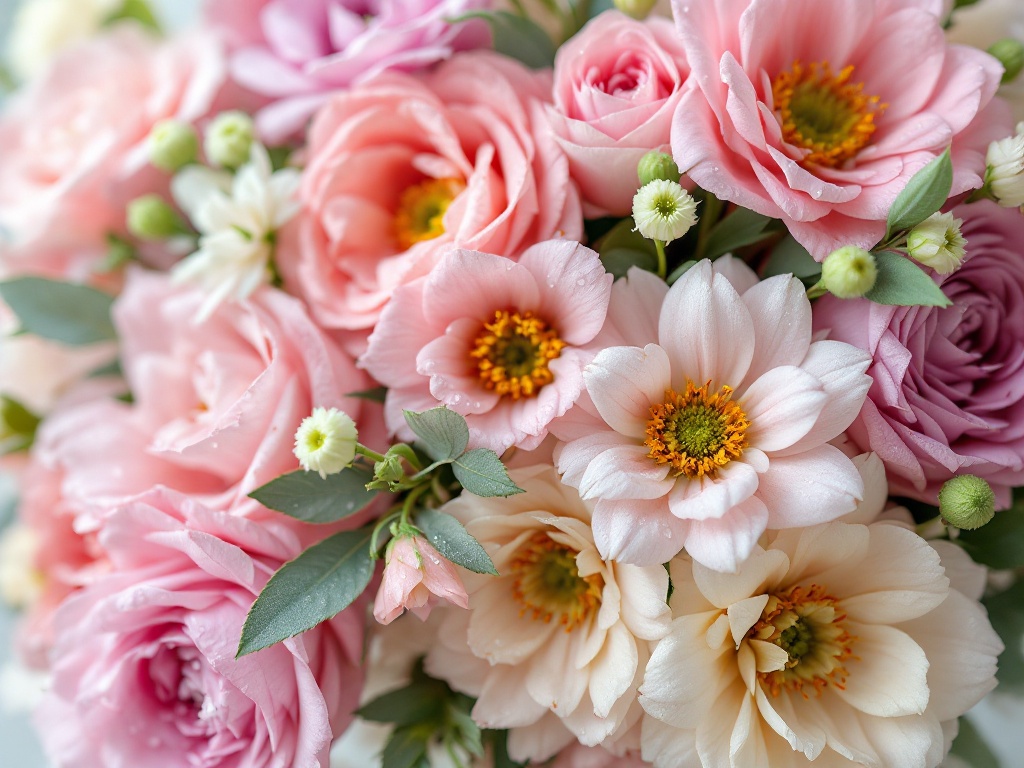 A photorealistic shot capturing a close-up of a lush, natural bridal bouquet featuring a variety of fresh flowers in soft pastel colors, with visible dewdrops on the petals