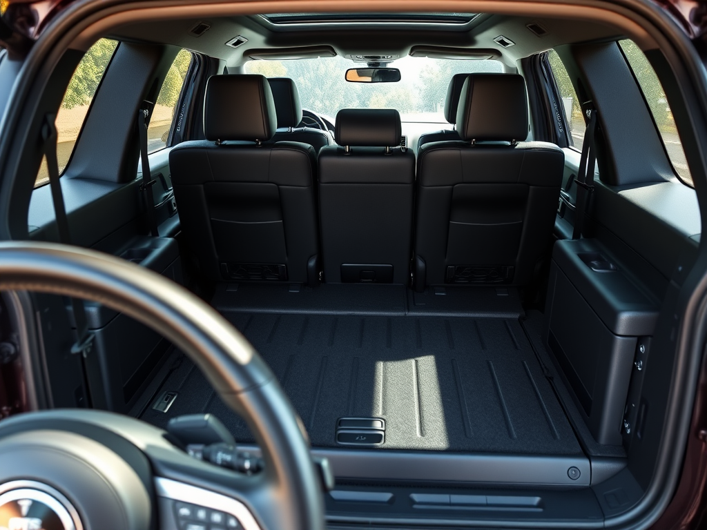 Create a realistic image of a Jeep Grand Cherokee interior, focusing on the rear section with the third-row seating area folded down, showing the spacious cargo area. Include a partially visible dashboard and steering wheel in the foreground to provide context. The interior should have a luxurious black leather finish with chrome accents. Natural light should be streaming in through the windows, highlighting the vehicle's features.