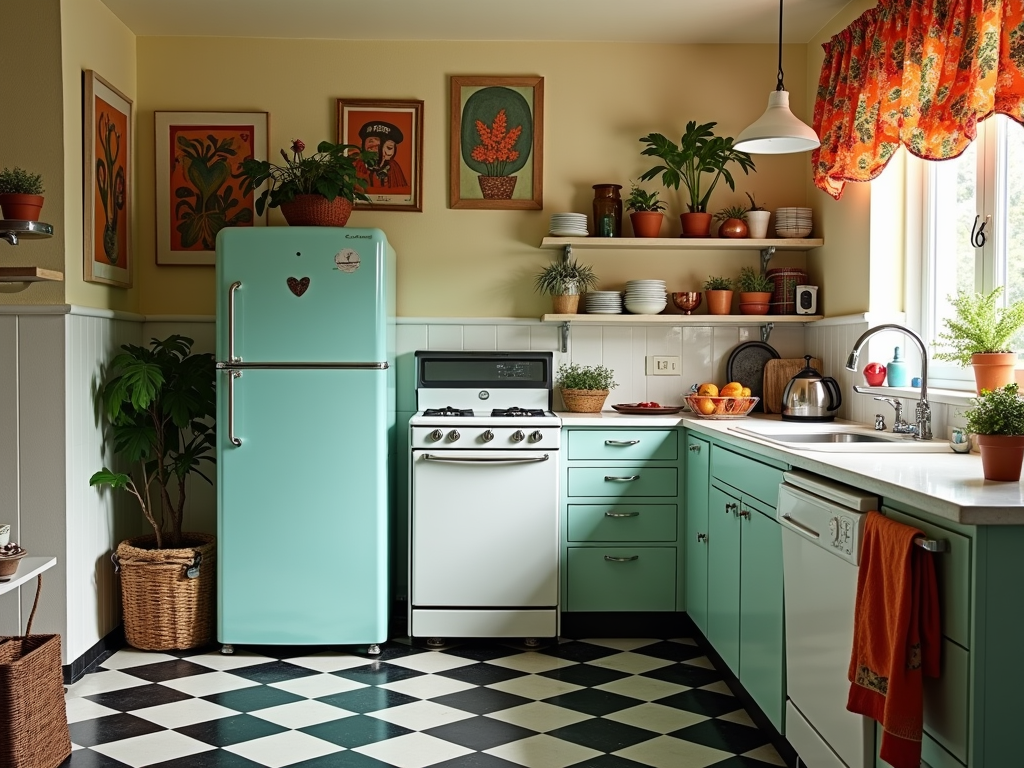 Charming Retro 1950s Kitchen with Checkerboard Floor