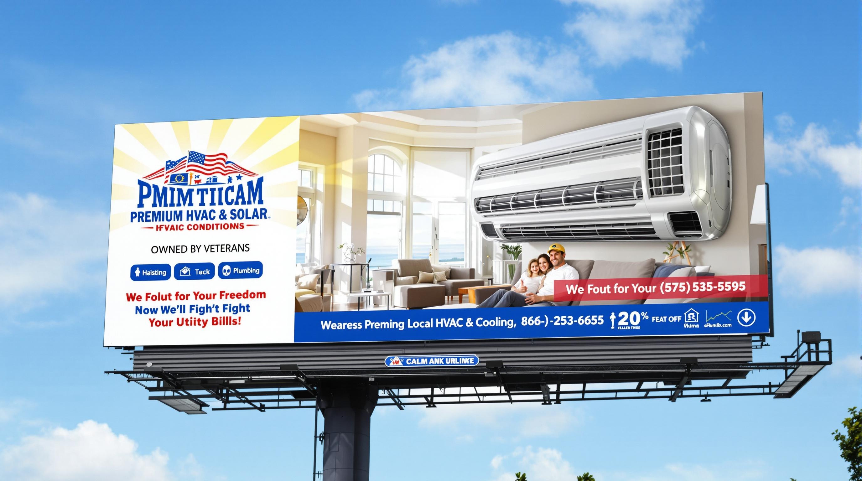 Design a bold, eye-catching billboard for a locally and veteran-owned heating, cooling, plumbing, and solar company, focusing on the upcoming cooling season. The design should be funny, memorable, or clever while appealing to households in 80K+ income neighborhoods.Design a bold, eye-catching billboard for a locally and veteran-owned heating, cooling, plumbing, and solar company, focusing on the upcoming cooling season. The design should be funny, memorable, or clever while appealing to households in 80K+ income neighborhoods.