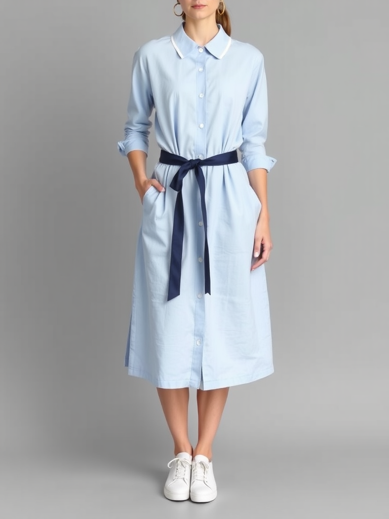 Woman in preppy Oxford shirt dress outfit