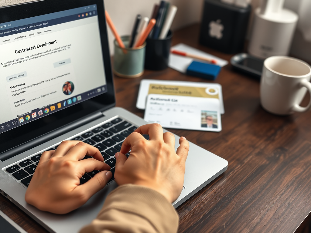 Create a realistic image of a person's hands typing on a laptop keyboard, with a driving licence visible next to the laptop. The screen displays a government website for online licence customization. In the background, a desk with office supplies and a coffee mug is visible, creating a home office atmosphere.