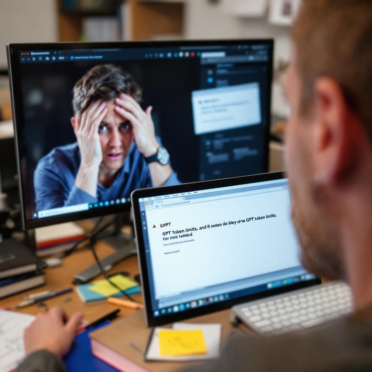 A frustrated person at a cluttered desk reviewing a computer screen with an error message about GPT token limits, indicating the challenges of using AI for PDF processing.