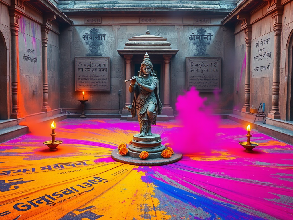 Create a realistic image of an ancient Indian temple courtyard at dawn, with vibrant colored powders scattered on the ground, creating intricate patterns. A stone statue of Lord Krishna playing a flute stands in the center, surrounded by blooming marigolds and burning oil lamps. In the background, faded Sanskrit scriptures are visible on weathered stone walls, symbolizing the mythological origins of Holi.